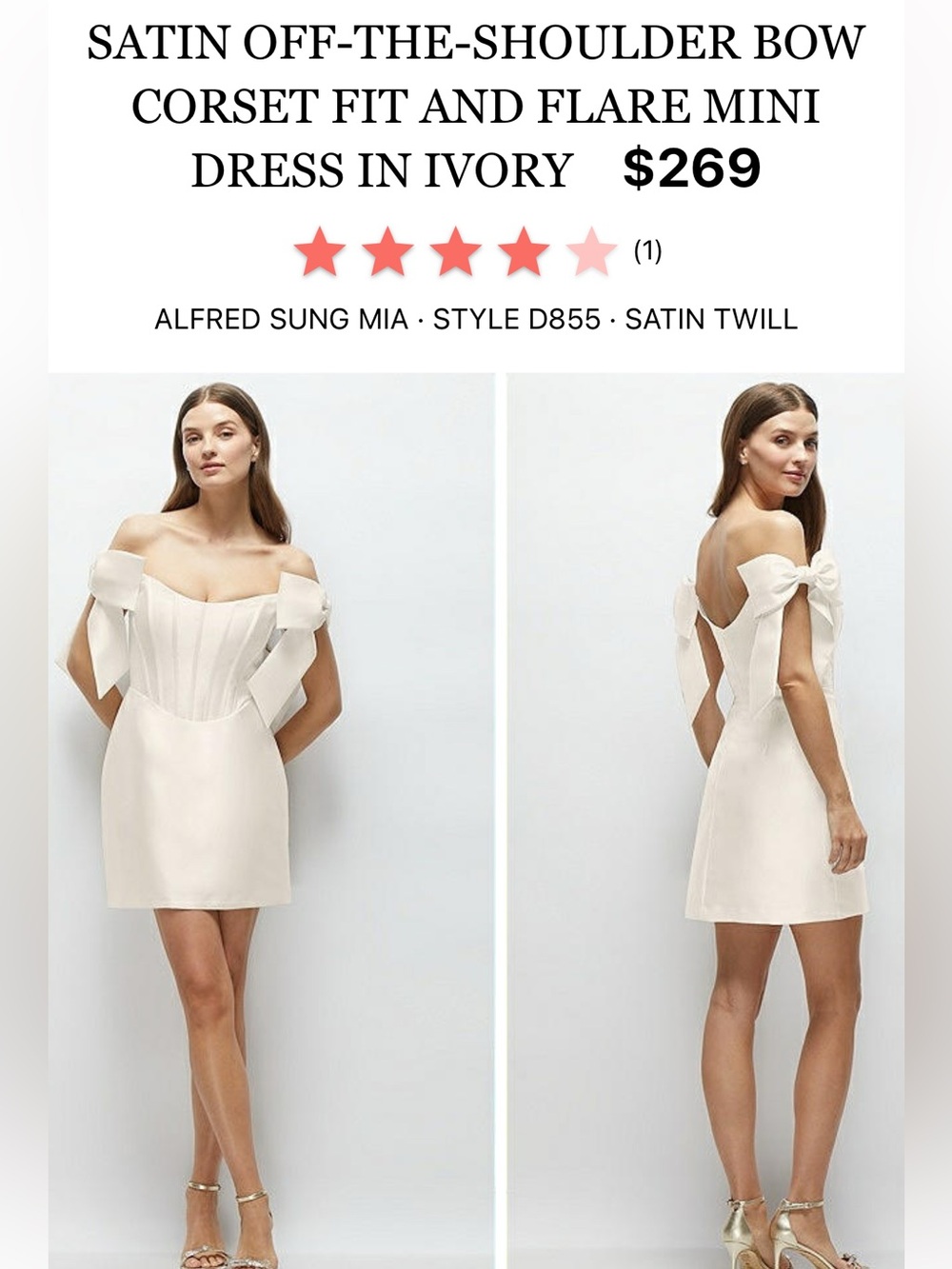 ALFRED SUNG Satin Off-the-Shoulder Bow Corset Mini Dress in Ivory